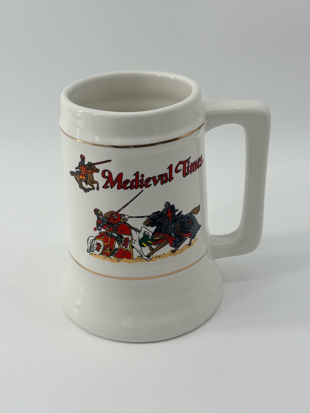 Medieval Times White Ceramic Stein with Jousting Design